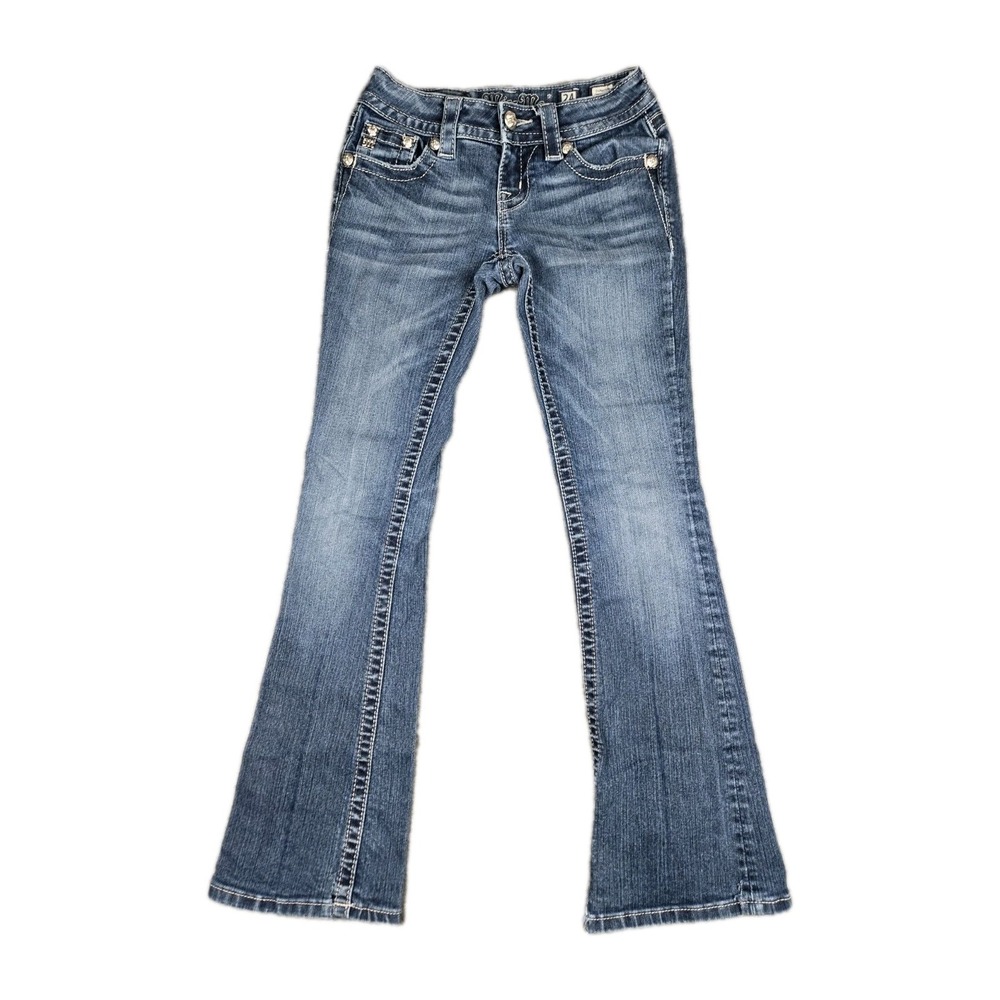 Miss Me Women's Signature Boot Jeans Size 24 Fleur-de-Lis Bling Pocket 24x28 Y2K